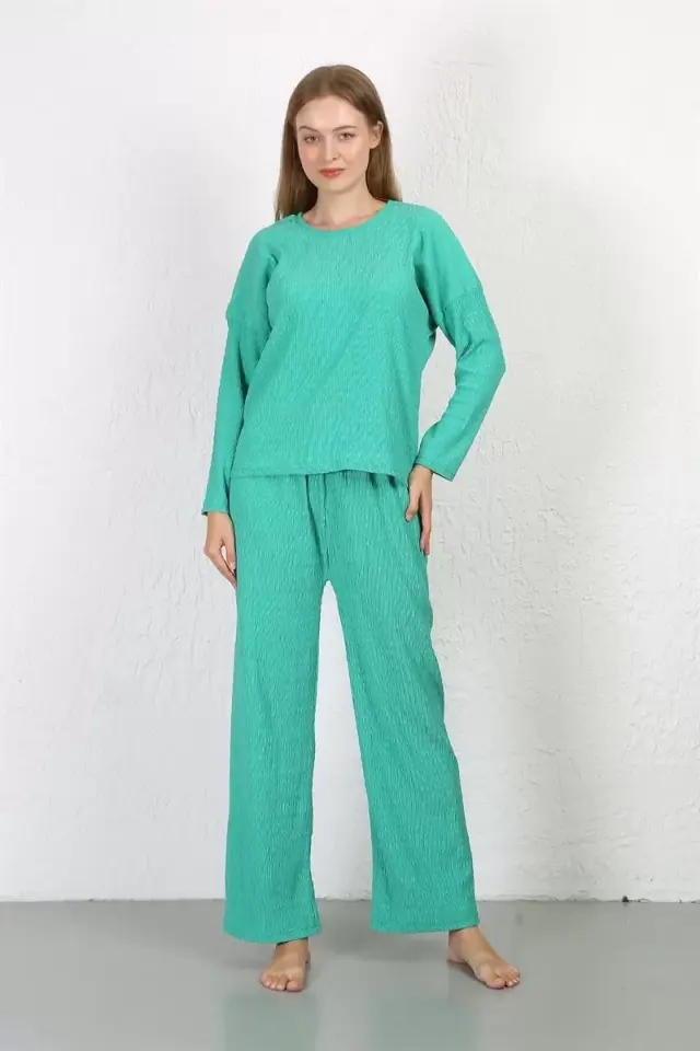 Kadın Bürümcük Kumaş Pijama Takım Yeşil