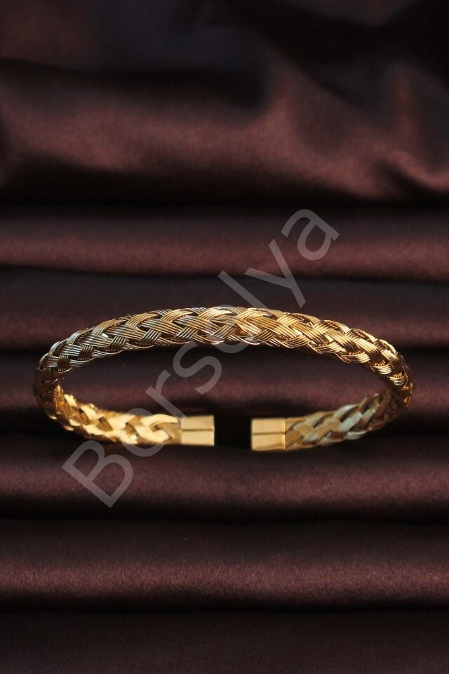 316L Çelik Altın Renk Kalın Yassı Örgü Model Erkek Bileklik