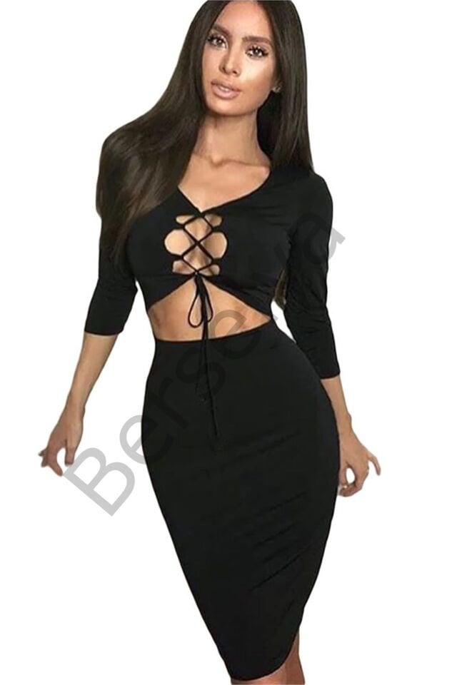 B101396 Ön Kısmı Bağcıklı Tek Parça Elbise