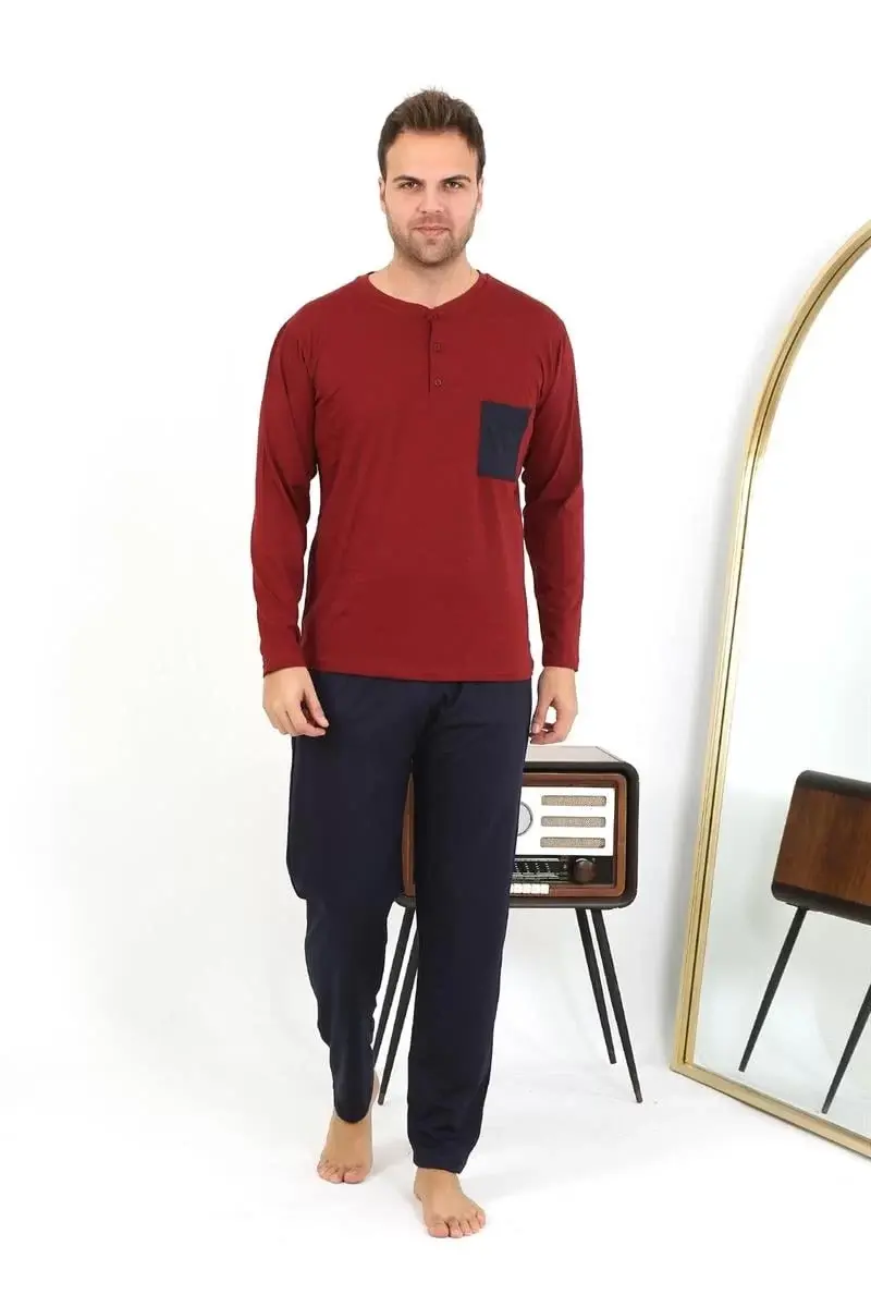 Erkek Uzun Kol Penye Bordo Pijama Takımı