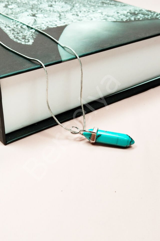 Turkuaz Doğal Taşı Zincirli El Yapımı Tasarımlı Kolye Uç: 3,5 cm Zincir: 20 cm Kutulu