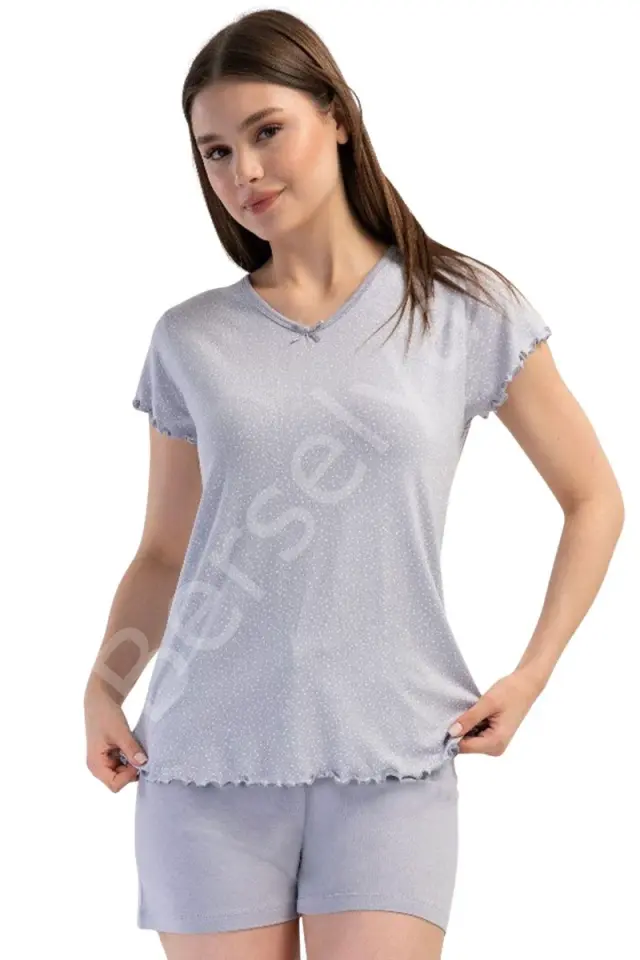 Likralı Viskon V Yaka Kısa Kol Eteği Oval Şort Tak