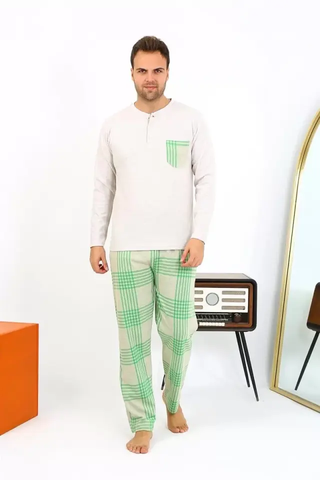 Erkek Uzun Kol Penye Krem Pijama Takımı