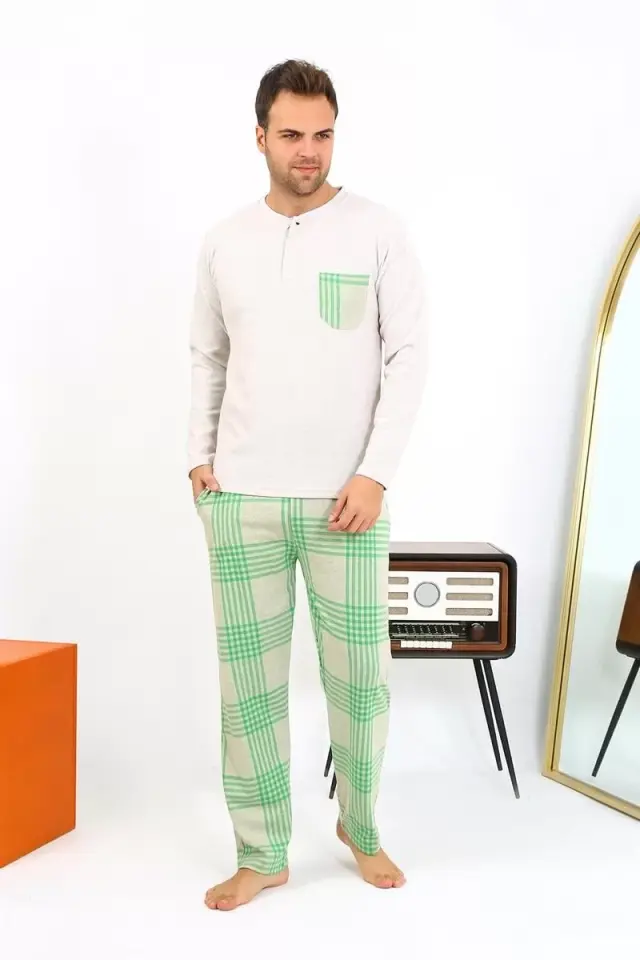Erkek Uzun Kol Penye Krem Pijama Takımı