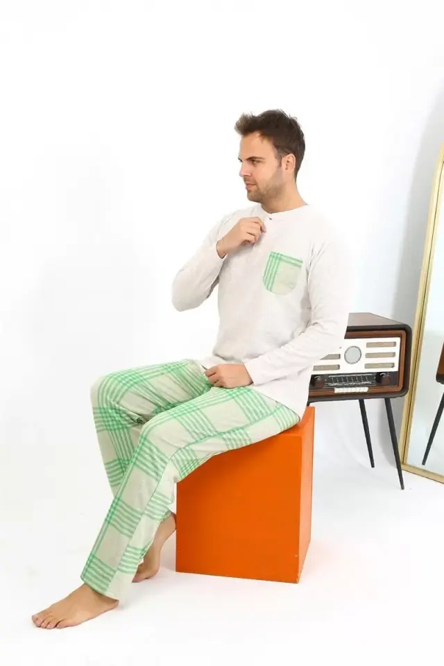 Erkek Uzun Kol Penye Krem Pijama Takımı