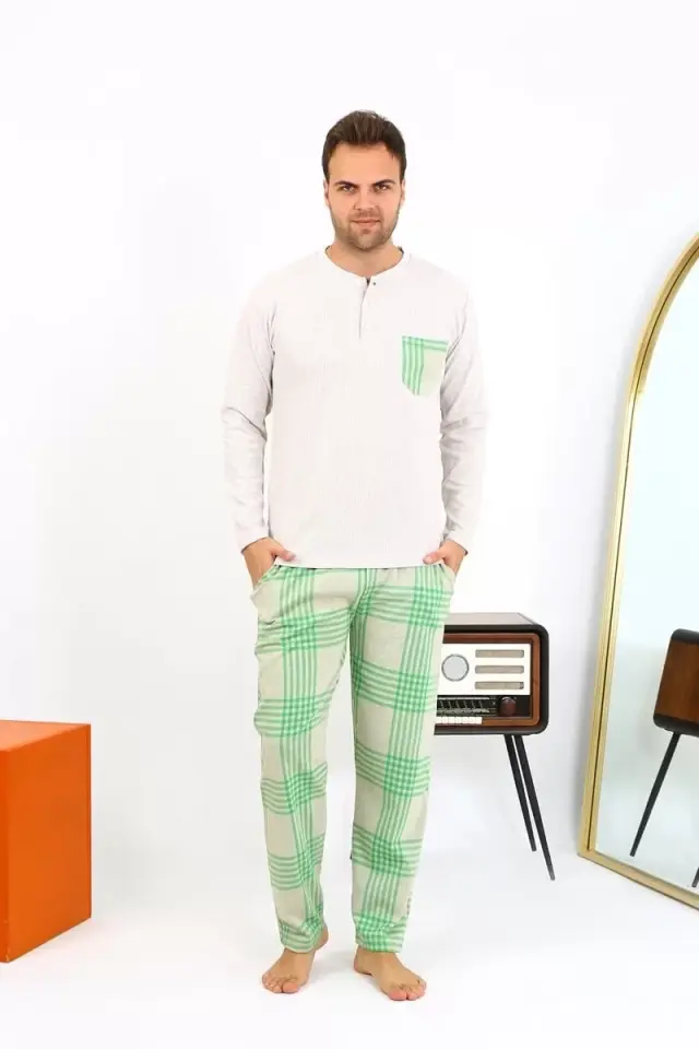 Erkek Uzun Kol Penye Krem Pijama Takımı