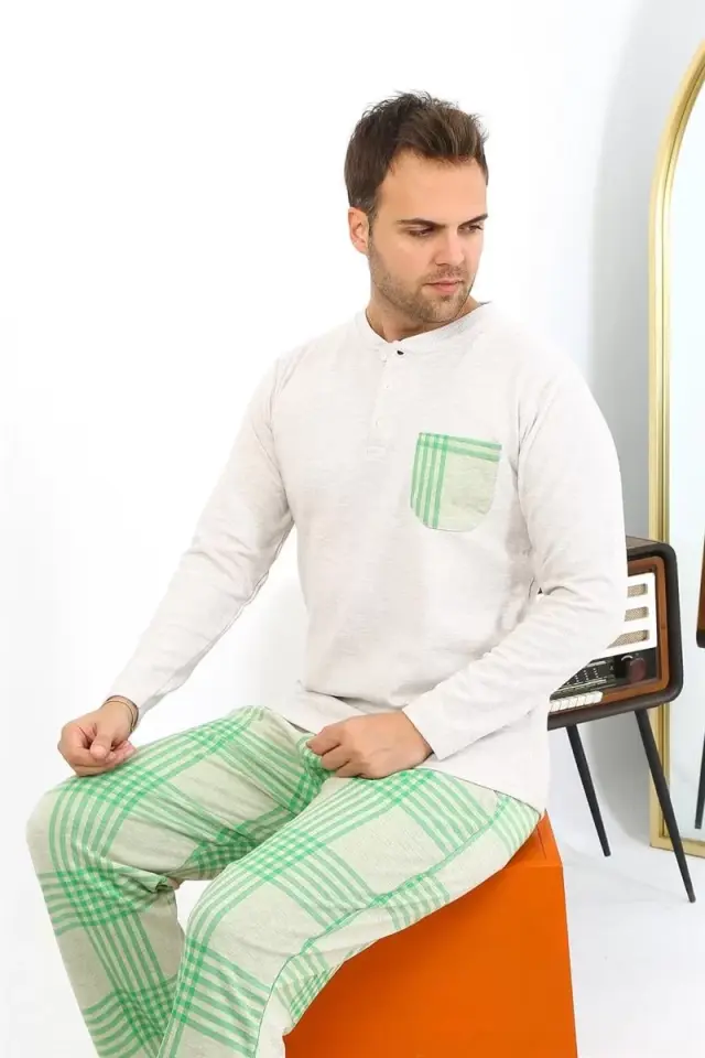 Erkek Uzun Kol Penye Krem Pijama Takımı