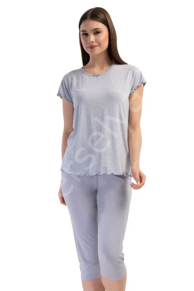 Likralı Viskon V Yaka Kısa Kol Eteği Oval Kapri Ta