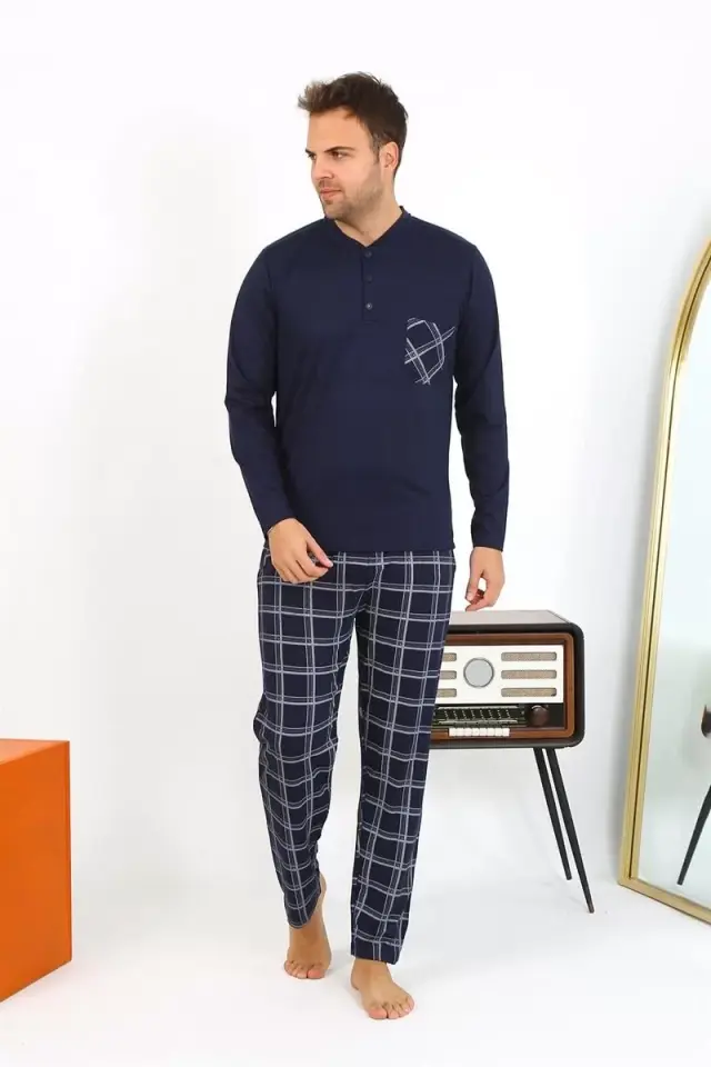 Erkek Uzun Kol Penye Lacivert Pijama Takımı