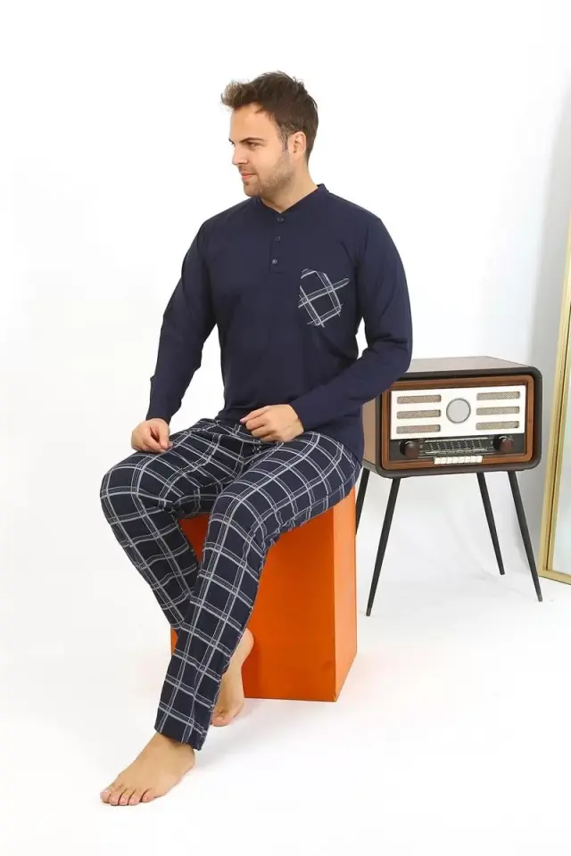 Erkek Uzun Kol Penye Lacivert Pijama Takımı