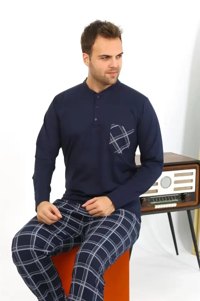 Erkek Uzun Kol Penye Lacivert Pijama Takımı