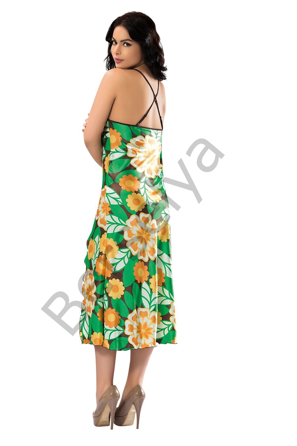 Yeşil Yırtmaçlı Saten Gecelil - 082