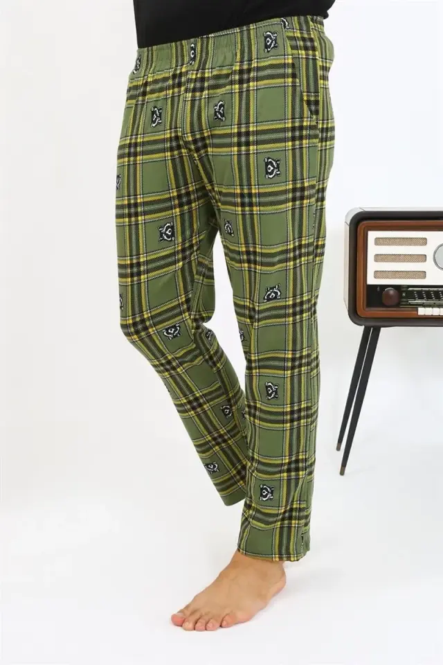 Erkek Ekoseli Desen Penye Tek Alt Pijama Haki