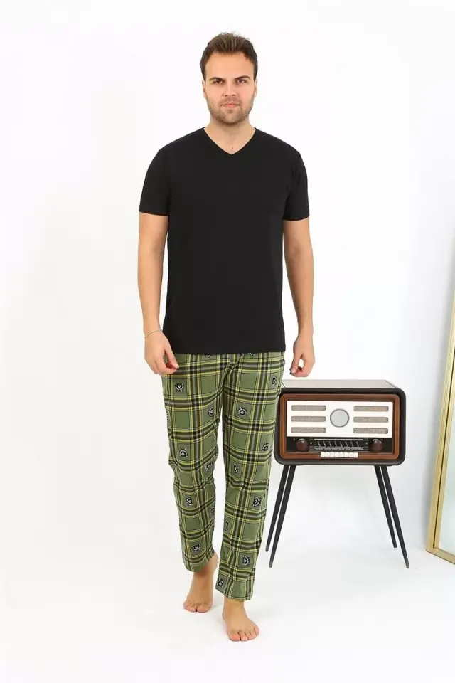 Erkek Ekoseli Desen Penye Tek Alt Pijama Haki