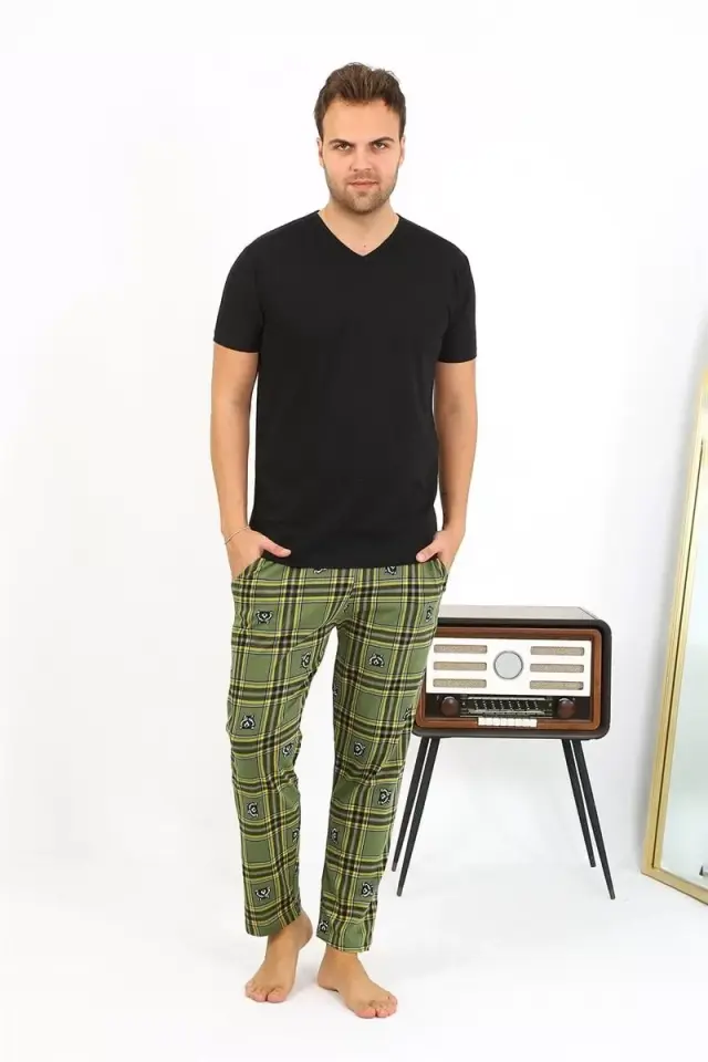 Erkek Ekoseli Desen Penye Tek Alt Pijama Haki