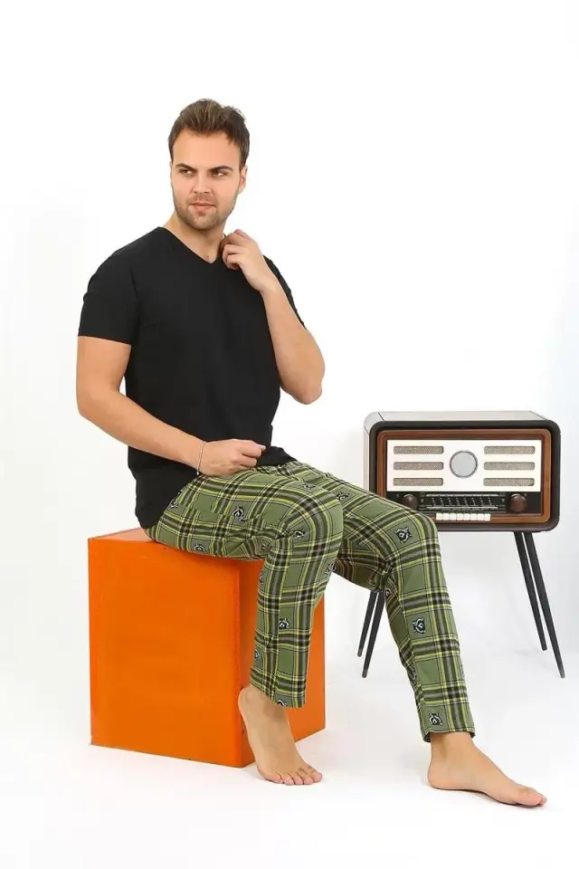 Erkek Ekoseli Desen Penye Tek Alt Pijama Haki