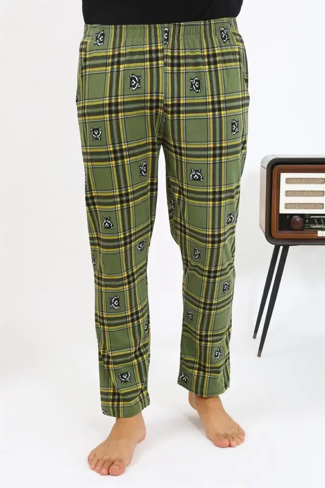 Erkek Ekoseli Desen Penye Tek Alt Pijama Haki