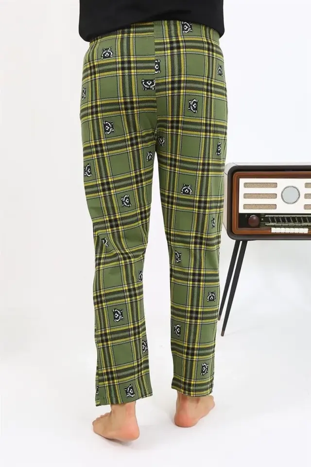 Erkek Ekoseli Desen Penye Tek Alt Pijama Haki