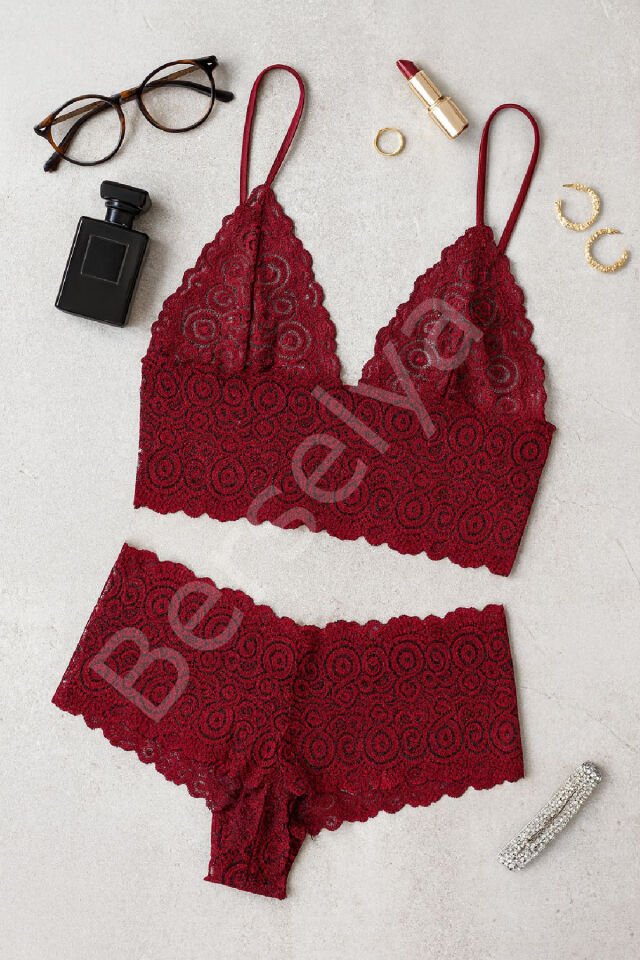 Kadın Bordo Dantel Bralet Şort Takımı – Asil Ve Sofistike İç Giyim