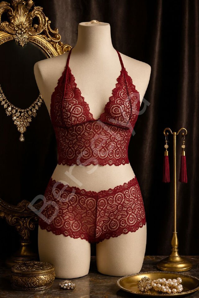 Kadın Bordo Dantel Bralet Şort Takımı – Asil Ve Sofistike İç Giyim