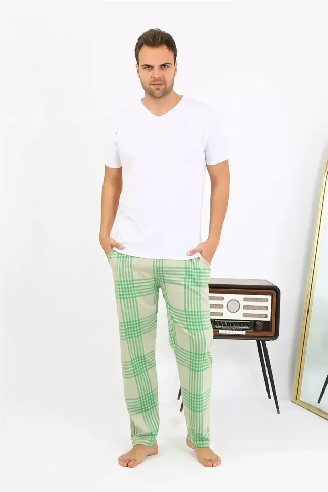 Erkek Ekoseli Desen Penye Tek Alt Pijama Yeşil