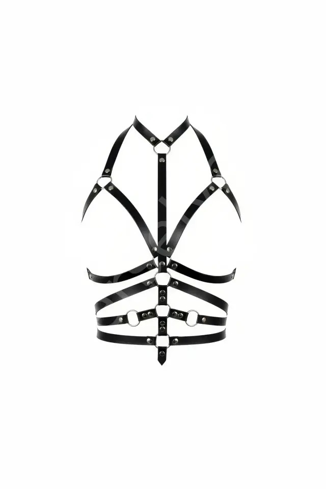 Siyah Göğüs Harness Suni Deri Halka Detaylı Vücut Aksesuarı - Brf24