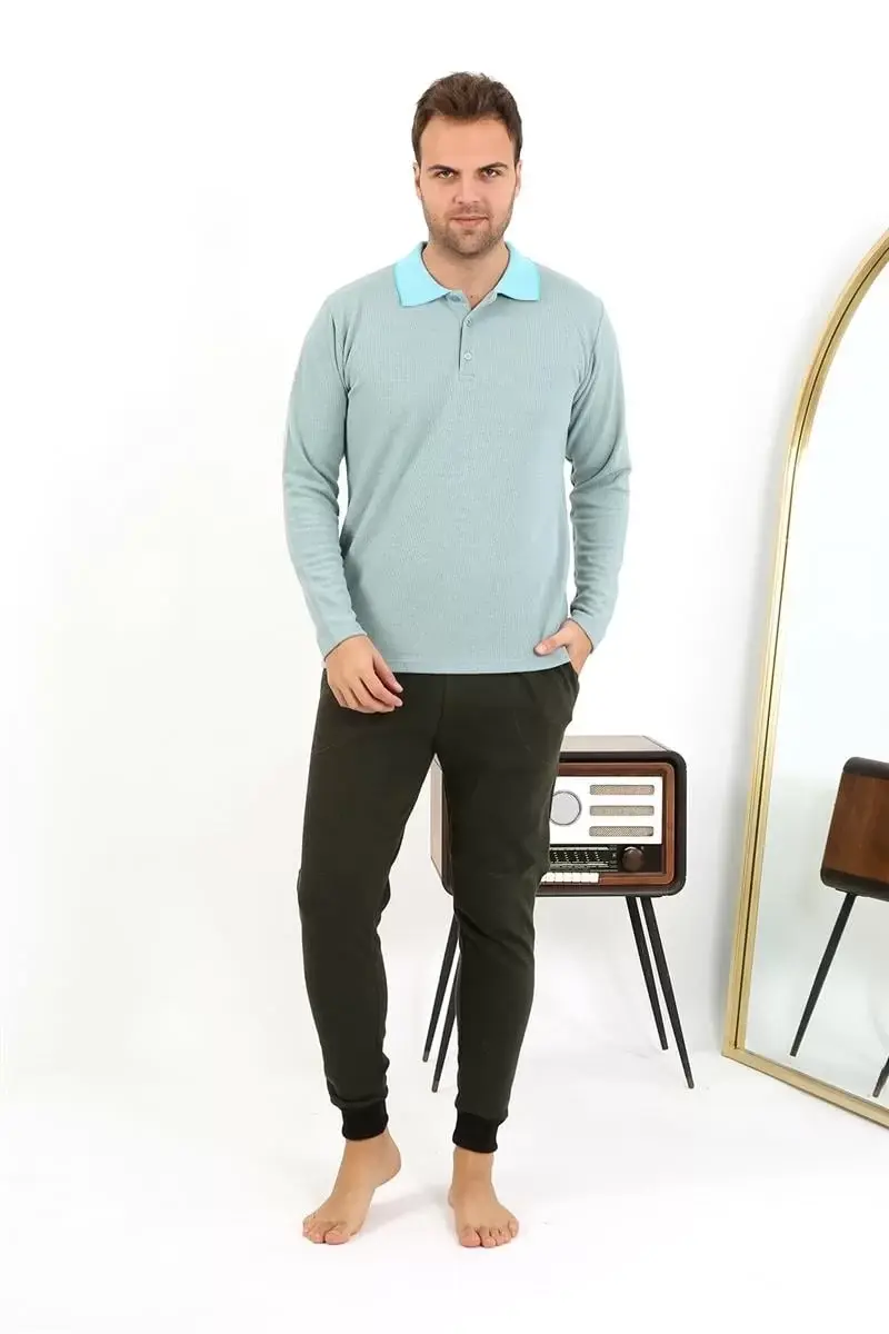Erkek Polo Yaka Uzun Kol Penye Pijama Takımı Su Yeşili