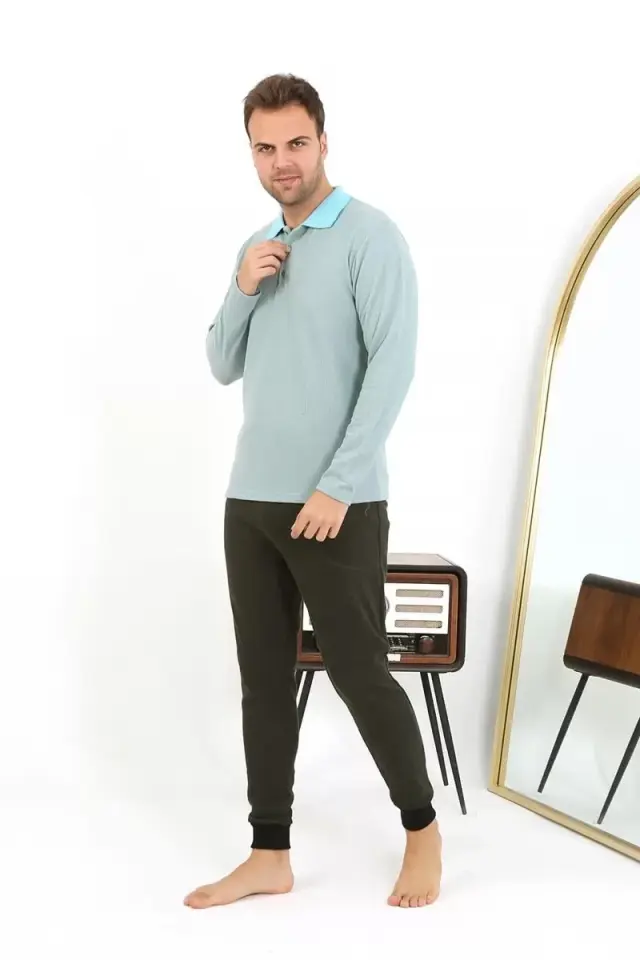 Erkek Polo Yaka Uzun Kol Penye Pijama Takımı Su Yeşili