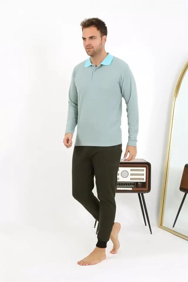 Erkek Polo Yaka Uzun Kol Penye Pijama Takımı Su Yeşili