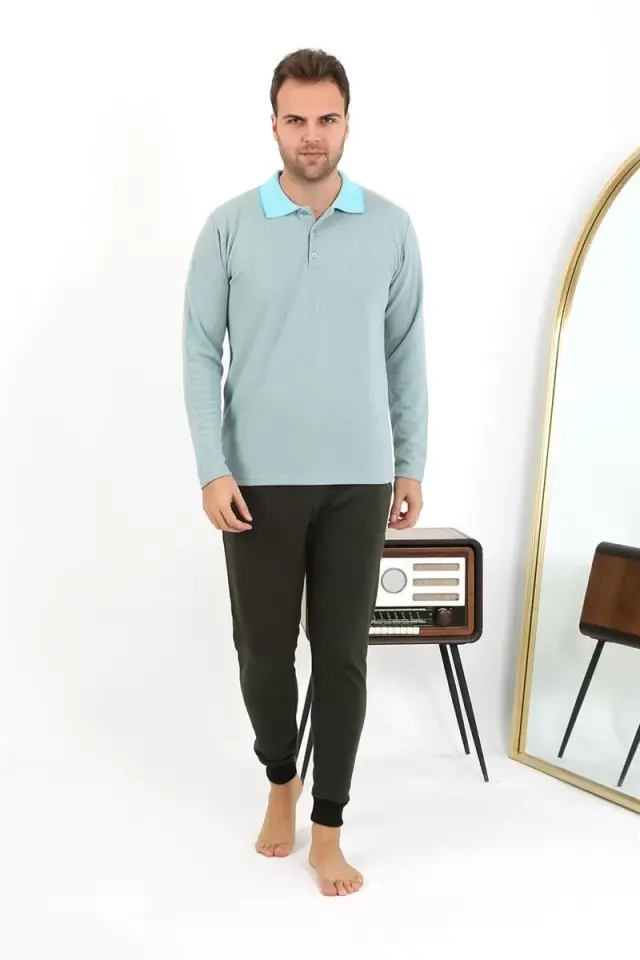 Erkek Polo Yaka Uzun Kol Penye Pijama Takımı Su Yeşili