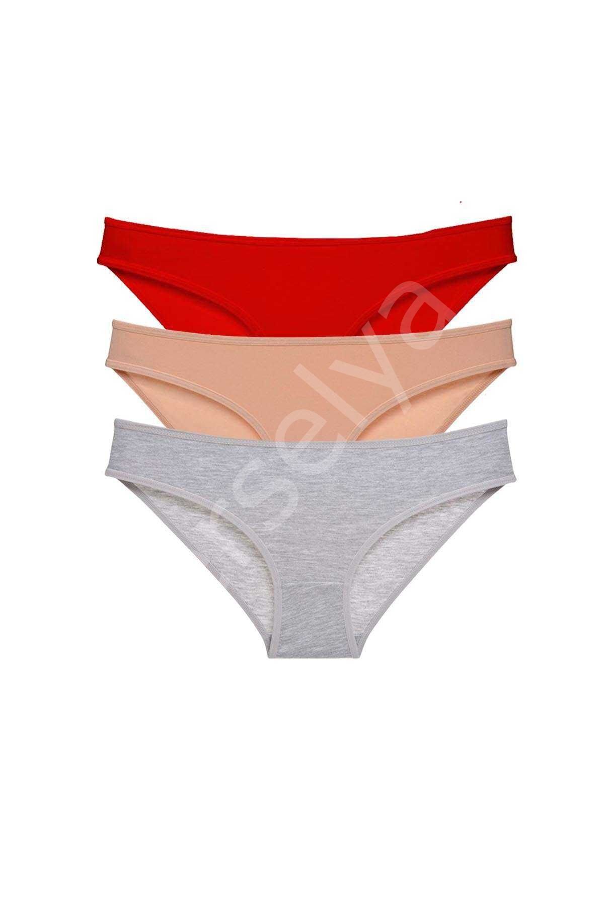 3 adet Eko Set Likralı Kadın Slip Külot Kırmızı Ten Gri