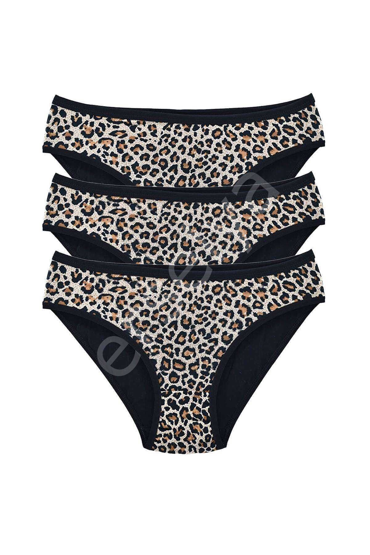 3 Adet Leopar Desenli Likralı Yumuşak Dokulu Kadın Slip Külot M