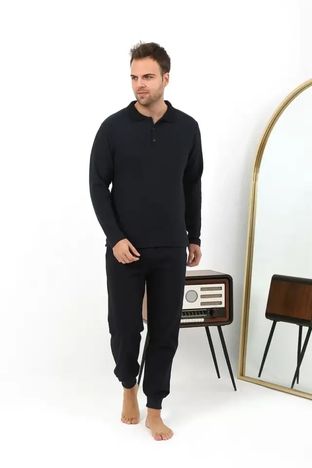 Erkek Polo Yaka Uzun Kol Penye Pijama Takımı Lacivert