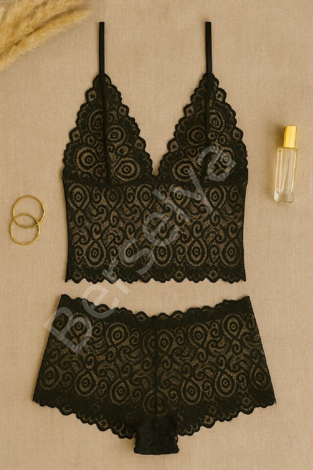 Kadın Siyah Dantel Bralet Şort Takımı – Şık, Zarif Ve Feminen İç Giyim