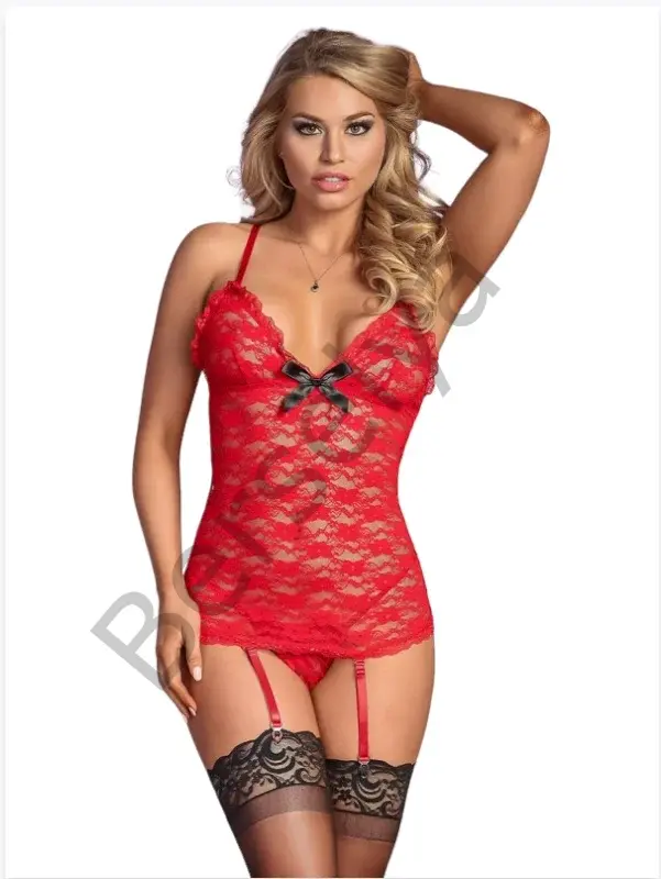 Fantezi Kırmızı Dantelli Seksi Elbise Jartiyer Takımı Düz Jartiyer Çoraplı