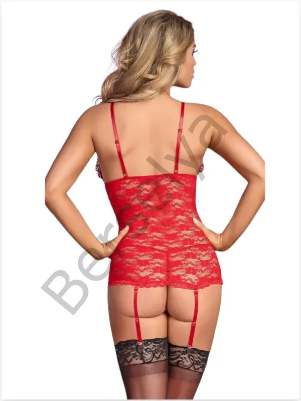 Fantezi Kırmızı Dantelli Seksi Elbise Jartiyer Takımı Düz Jartiyer Çoraplı