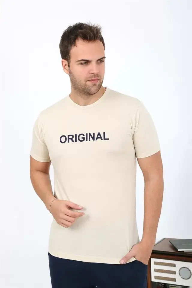 Erkek Kısa Kol Penye Pijama Takımı Krem