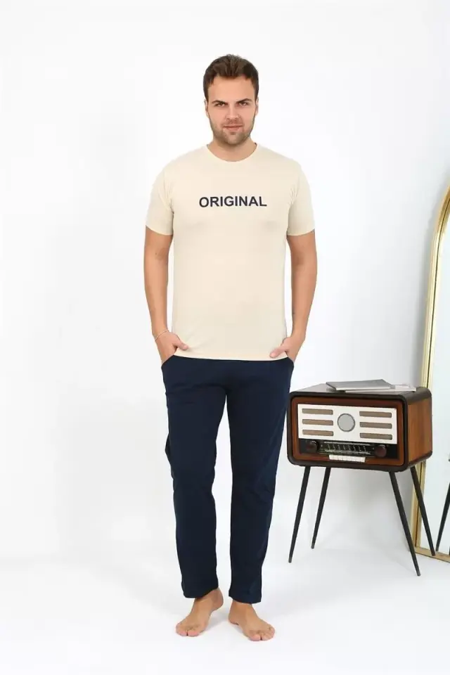 Erkek Kısa Kol Penye Pijama Takımı Krem