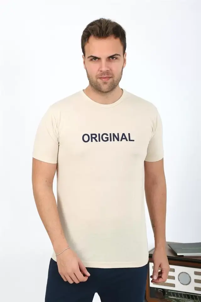 Erkek Kısa Kol Penye Pijama Takımı Krem