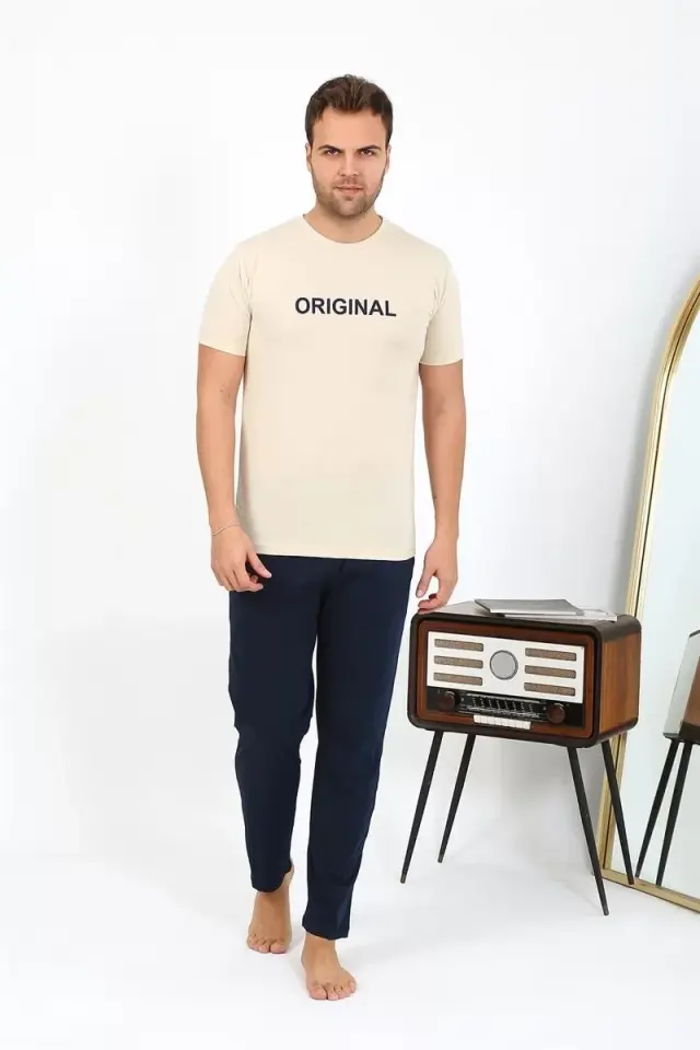 Erkek Kısa Kol Penye Pijama Takımı Krem
