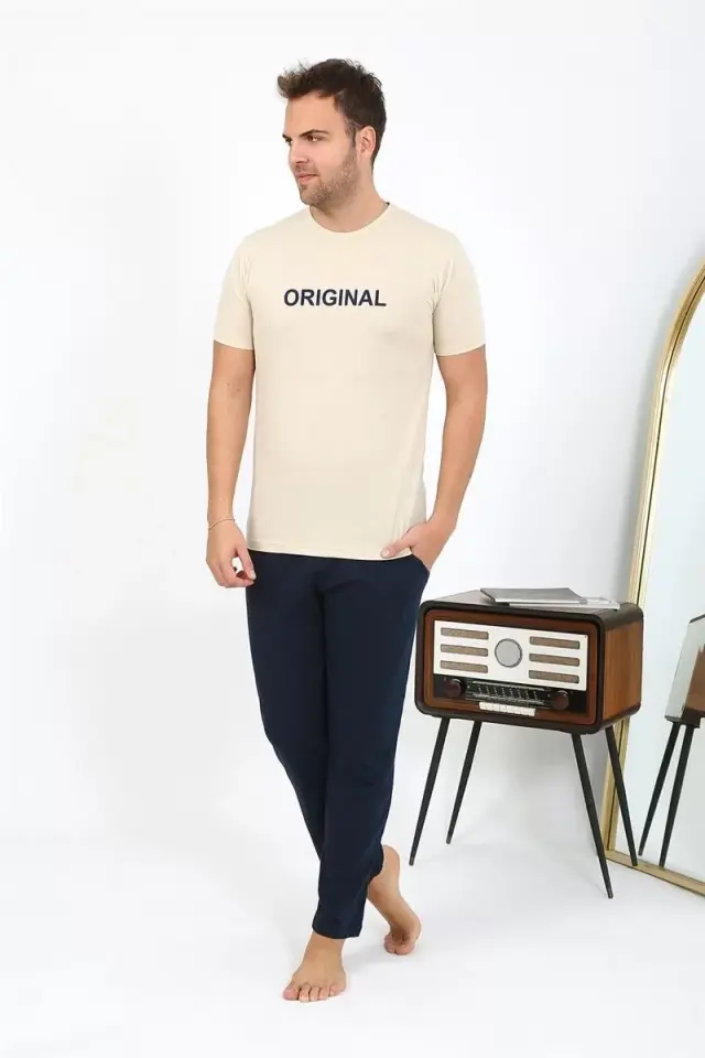 Erkek Kısa Kol Penye Pijama Takımı Krem