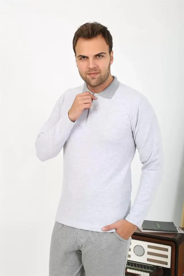 Erkek Polo Yaka Uzun Kol Penye Pijama Takımı Gri