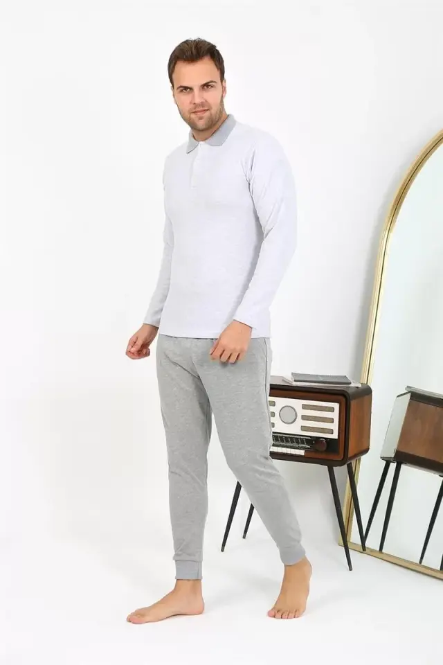 Erkek Polo Yaka Uzun Kol Penye Pijama Takımı Gri
