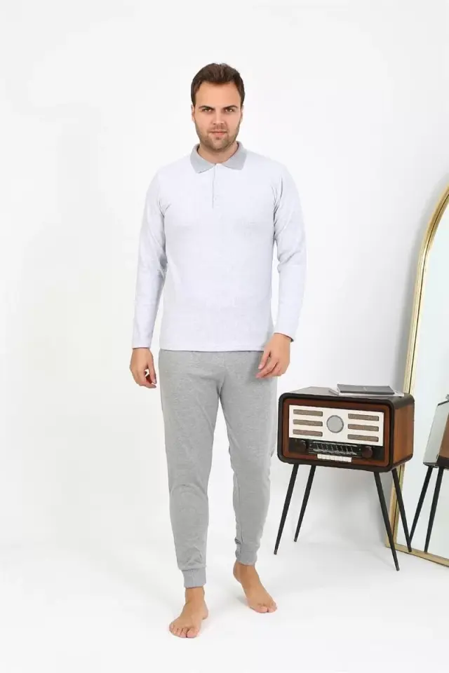 Erkek Polo Yaka Uzun Kol Penye Pijama Takımı Gri