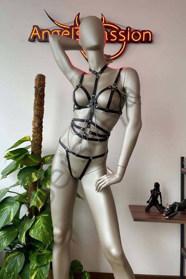 Siyah Deri Korse Harness Takım - Brf299