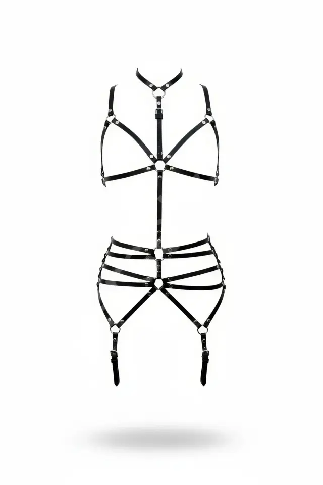 Siyah Body Harness Tam Vücut Boyunluklu Metal Halka Detaylı - Brf262