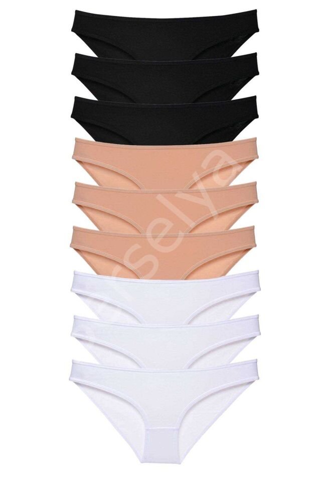 9 adet Süper Eko Set Likralı Kadın Slip Külot Siyah Ten Beyaz L