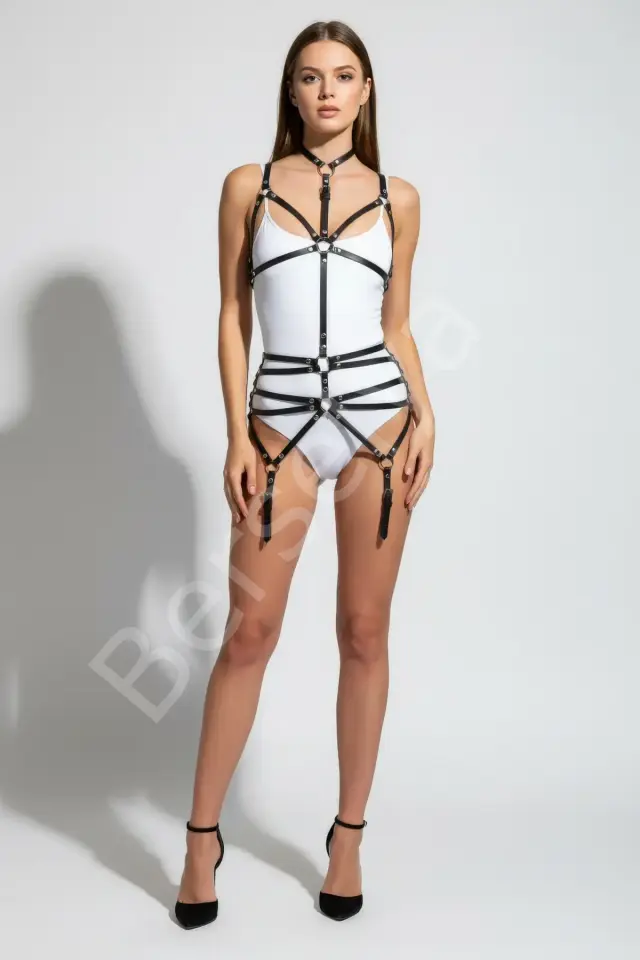 Siyah Body Harness Boyun Detaylı Ayarlanabilir Vücut Jartiyeri - Brf262