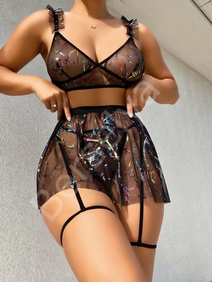 Parlama Detaylı Mini Tül Gecelik