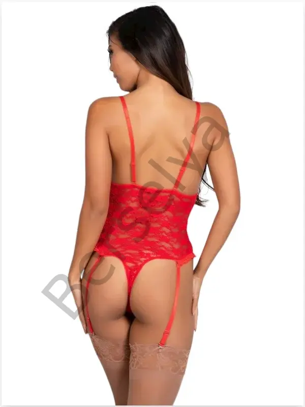 Fantezi Özel Ağları Açık Kırmızı Dantel Jartiyer Takım Çorapsız!
